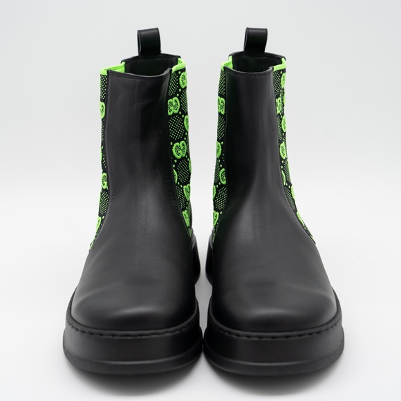 size 13G 13.5 us Gucci Chelsea GG Black Leather Pull On Boots Green - Picture 2 of 13